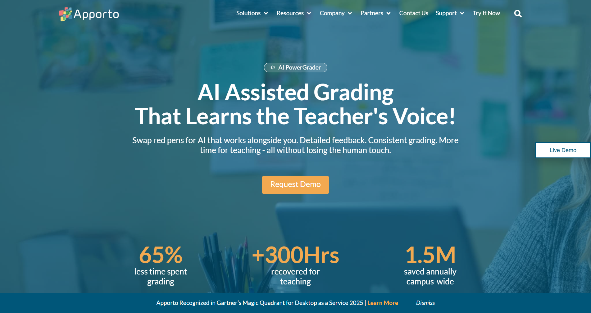 Apporto's Powergrader page  promoting AI-assisted grading with demo call-to-action and time-saving performance metrics.