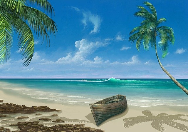 beach, boat, painting, palm trees