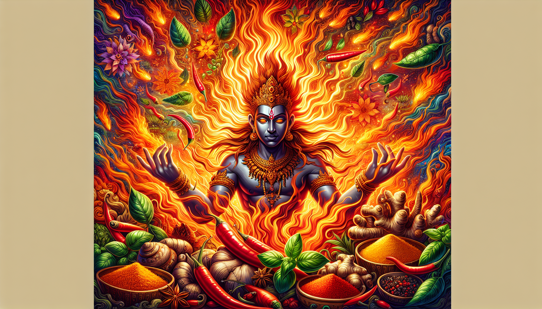 An illustration of the God of Fire by Carlito Piramide cigar highlighting its rich aromas.