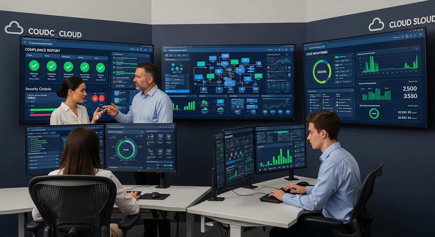 IT administrators managing cloud desktops with dashboards displaying infrastructure, compliance, security controls, and cost monitoring challenges.