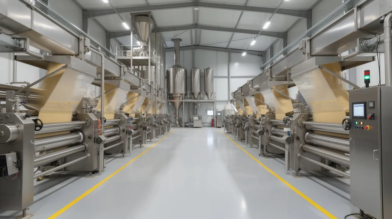 The image depicts the interior of a modern wheat flour mill, showcasing stainless steel roller milling machines and an intricate conveyor system used for flour milling. This advanced setup is essential for producing various types of flour, including whole wheat flour, as part of a flour mill project overview.
