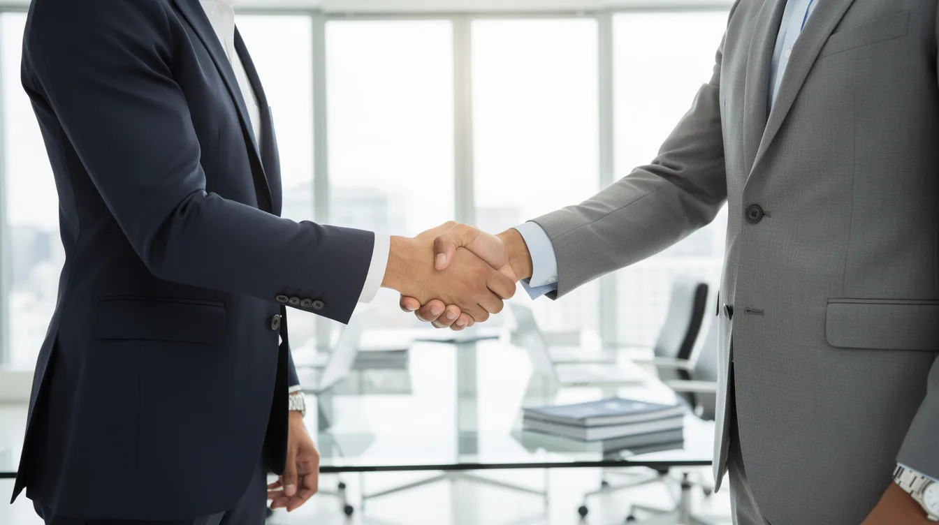 Une poignée de mains entre deux professionnels dans un cadre d'entreprise symbolise un accord réussi, illustrant l'importance de la négociation et du traitement des objections dans le processus de vente. Cette image évoque la confiance et la collaboration entre le vendeur et le client, essentielles pour surmonter les résistances et aboutir à un achat.