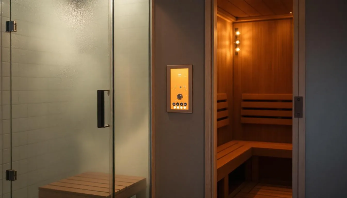The image shows a misty steam room on one side, characterized by high humidity and moist heat, alongside an infrared sauna, which features a wooden cabin and infrared heaters providing dry heat. This visual comparison highlights the different environments of steam rooms and infrared saunas, both known for their unique health benefits, including improved circulation and respiratory health.