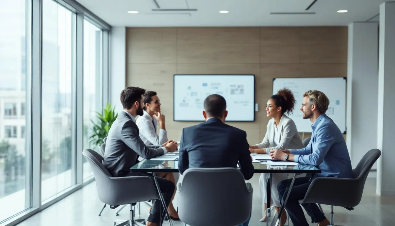 Na obrazie widać grupę ludzi uczestniczących w spotkaniu biznesowym w nowoczesnym biurze, gdzie omawiają kwestie związane z kosztami prowadzenia działalności gospodarczej oraz optymalizacją podatkową. W tle znajdują się nowoczesne meble biurowe, a uczestnicy aktywnie wymieniają się pomysłami na temat kosztów uzyskania przychodu i rozliczania wydatków.