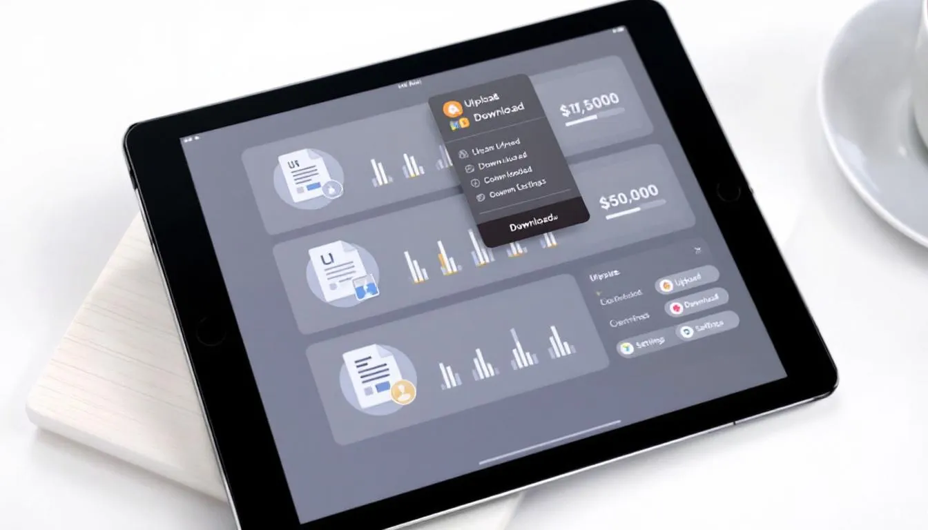 Tablette montrant une application de partage de fichiers, avec des documents en cours de t&eacute;l&eacute;chargement.