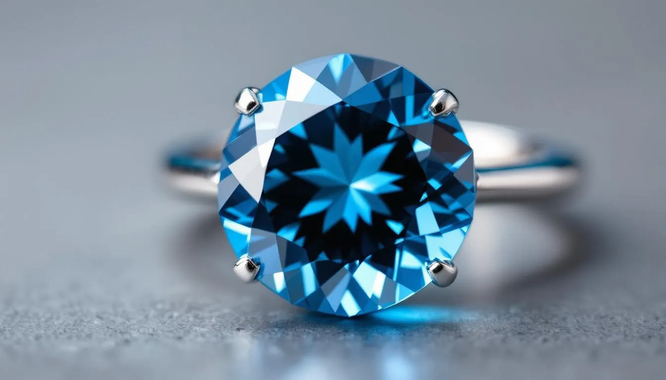The image showcases a stunning London Blue Topaz gemstone, characterized by its deep blue color and sophisticated appearance. This December birthstone is cut into an elegant oval shape, highlighting its clarity and richness, making it a prized choice for jewelry such as rings and earrings.