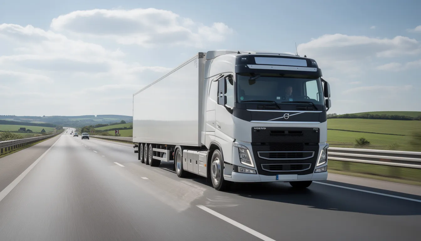 Na autostradzie porusza się ciężarówka transportowa, przewożąca towary. W tle widoczne są znaki drogowe oraz inne pojazdy, co wskazuje na dynamiczny ruch drogowy.