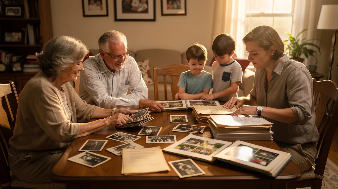 The image depicts a family gathered around a table, sorting through various photos and documents, possibly related to a drunk driving accident or personal injury lawsuit. The atmosphere is focused and serious, reflecting their efforts to piece together information for legal representation or to support victims seeking compensation.