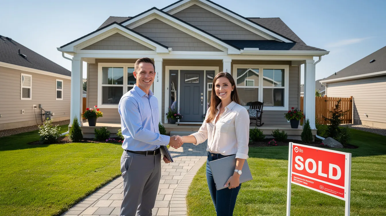 A newly renovated house with a "sold" sign stands in the background as two individuals shake hands, symbolizing a successful real estate transaction. This image reflects the positive outcomes of asset-based lending and the collaboration between buyers and lenders in achieving their investment goals.