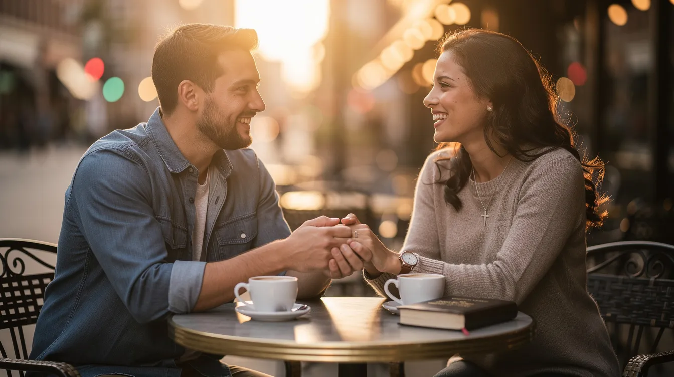 A Christian couple enjoys a romantic date, holding hands and sharing an emotional connection as they engage in deep conversation. Their interaction reflects the early stages of building intimacy, emphasizing emotional closeness and the importance of a healthy relationship grounded in faith.