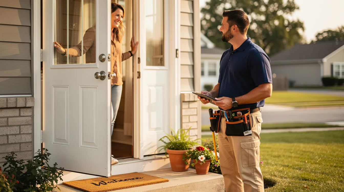 A homeowner and an HVAC technician are engaged in a friendly conversation at the front door, with the technician dressed in a plain navy blue shirt and tan pants. This warm lifestyle shot captures the essence of home maintenance services in Licking County, showcasing the professional's commitment to ensuring comfort and peace of mind for families.