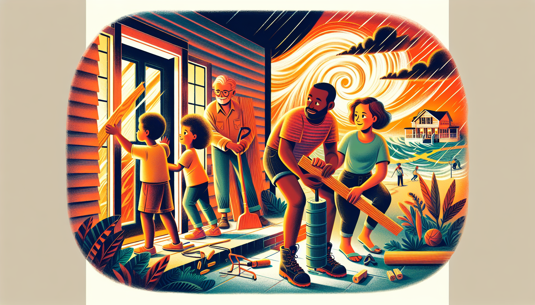 An illustration of families preparing their homes for Hurricane Milton's arrival.