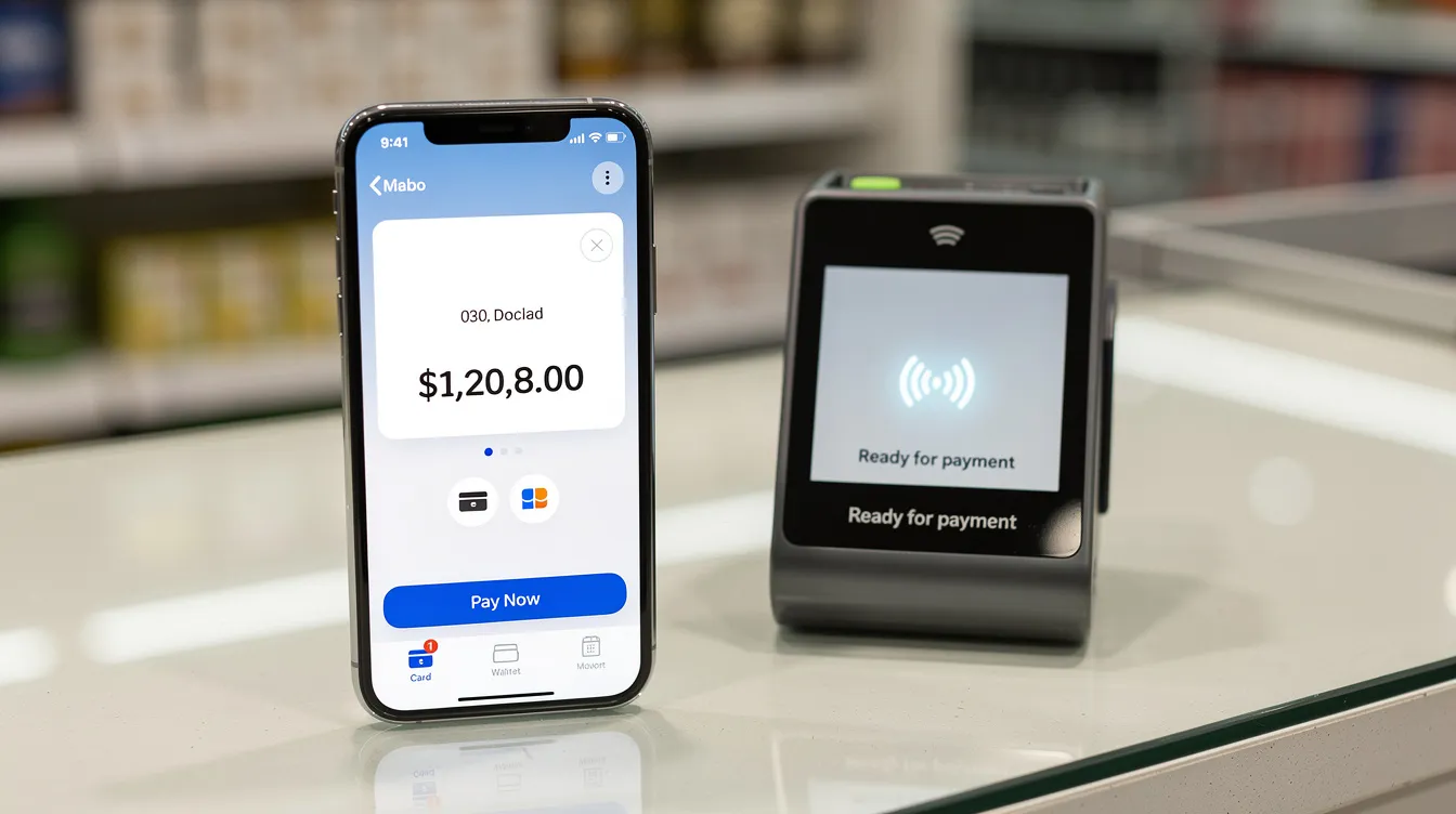 The image shows a smartphone displaying a digital payment checkout screen, alongside a contactless payment terminal on a retail counter, illustrating the ease of mobile payments and payment processing in modern retail environments. This setup highlights the convenience of accepting card payments and managing transactions for both customers and merchants.