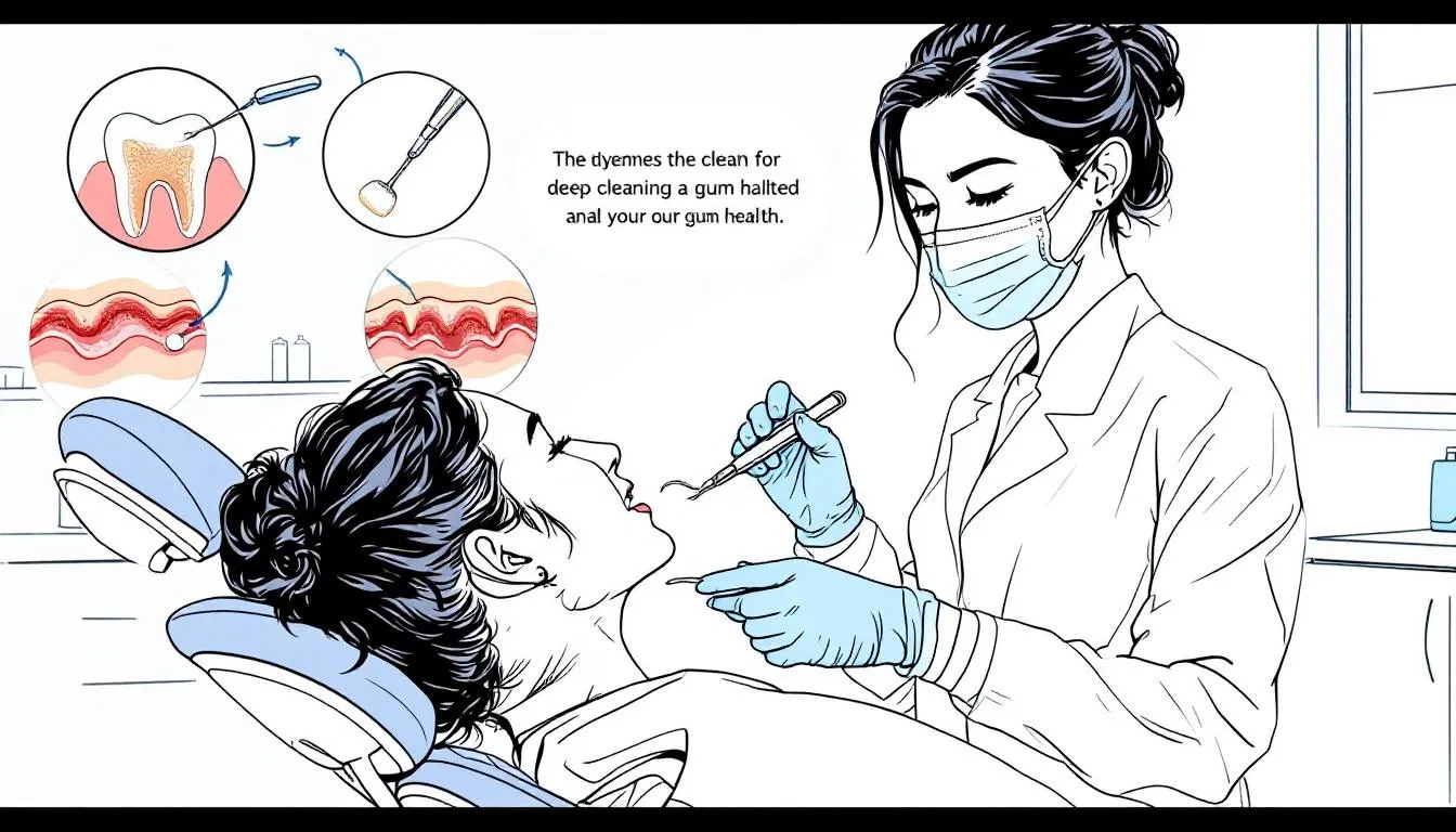 An illustration depicting a dental hygienist performing a deep cleaning for gum health.