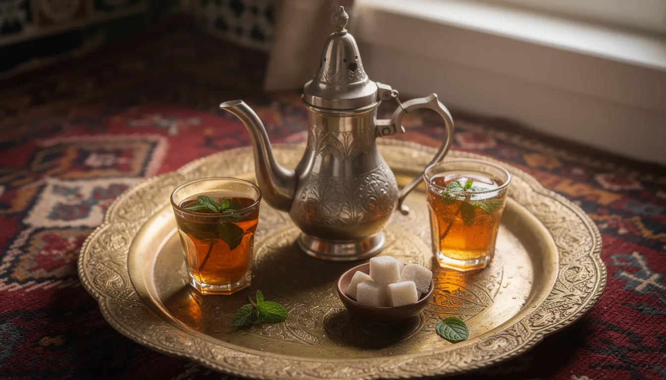 The image depicts a traditional Moroccan mint tea service elegantly arranged on an ornate tray, featuring a teapot, glasses, and fresh mint leaves. This delightful presentation reflects the rich local cuisine and cultural significance of Morocco, inviting fellow travellers to experience the charm of local customs.