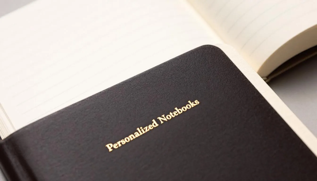 A collection of personalized notebooks is displayed, each featuring unique designs and monograms, making them thoughtful gifts for a boss or team member. These practical gifts are perfect for office use, allowing for inspiration and organization during meetings or daily tasks.