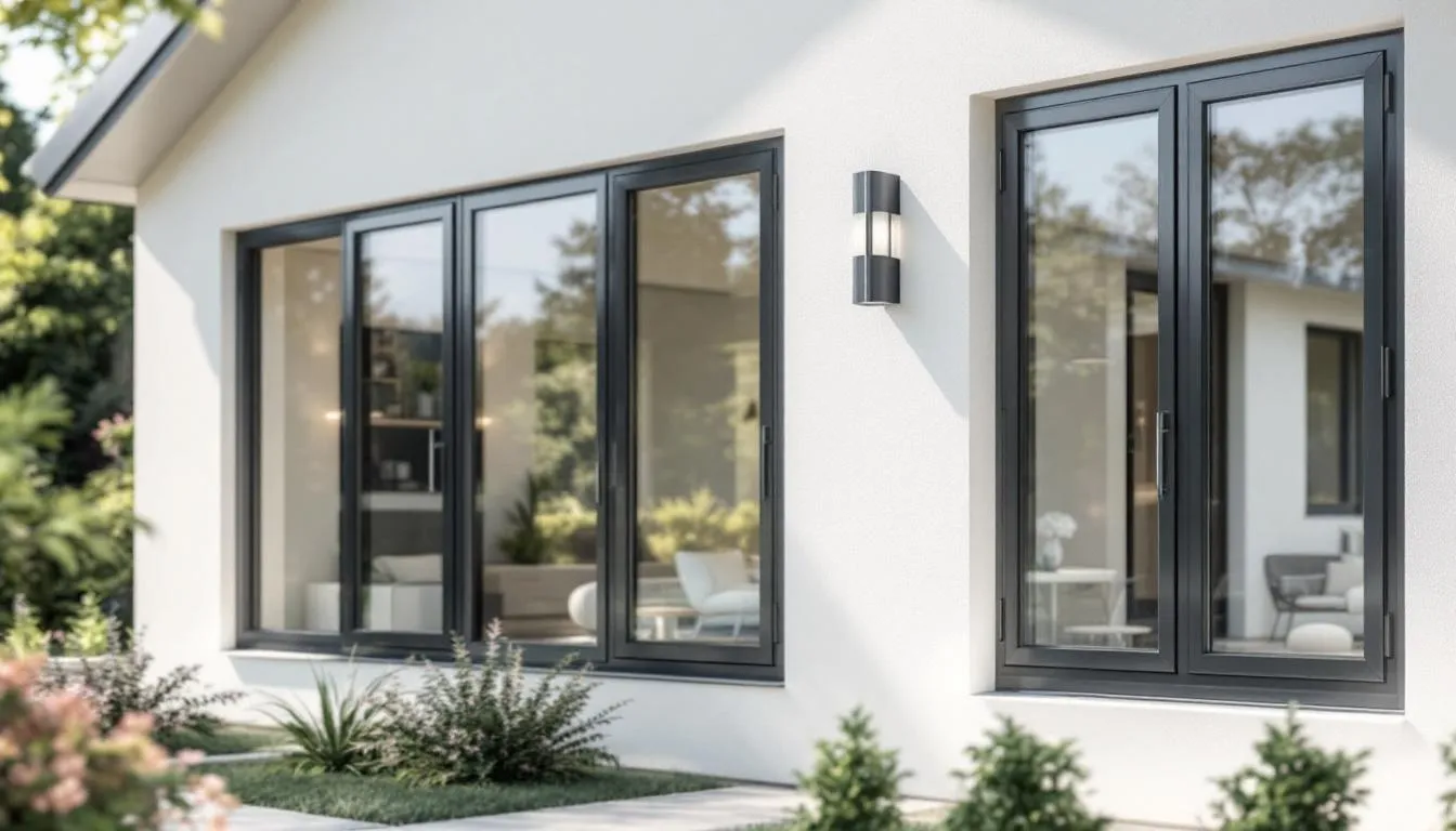 Een modern huis met strakke K-Vision kozijnen in verschillende series, waaronder hoogwaardige aluminium en kunststof kozijnen. De gevel is voorzien van energiezuinig isolatieglas, wat bijdraagt aan de duurzaamheid en uitstraling van het huis.
