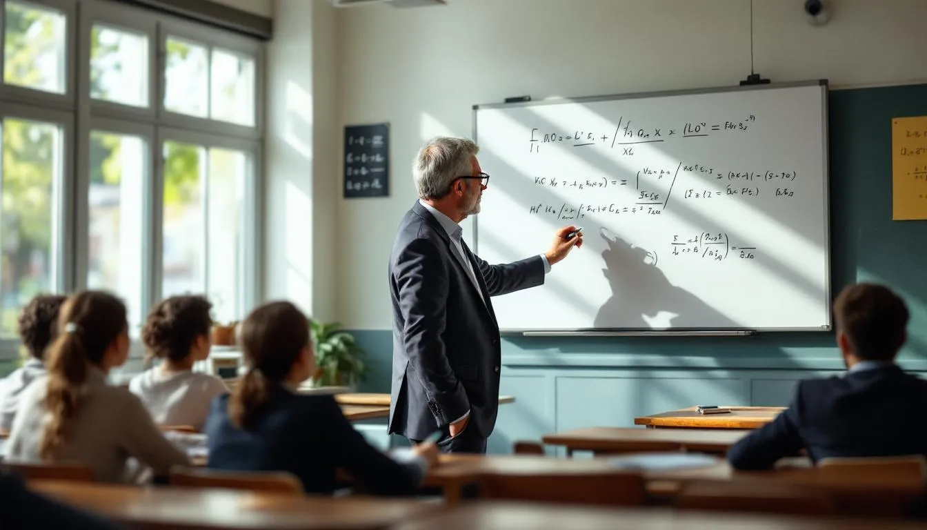 Un profesor está explicando conceptos de matemáticas a un grupo de estudiantes en un aula, utilizando herramientas tecnológicas para resolver problemas matemáticos. Los alumnos prestan atención mientras el docente les ofrece ejemplos y soluciones paso a paso.