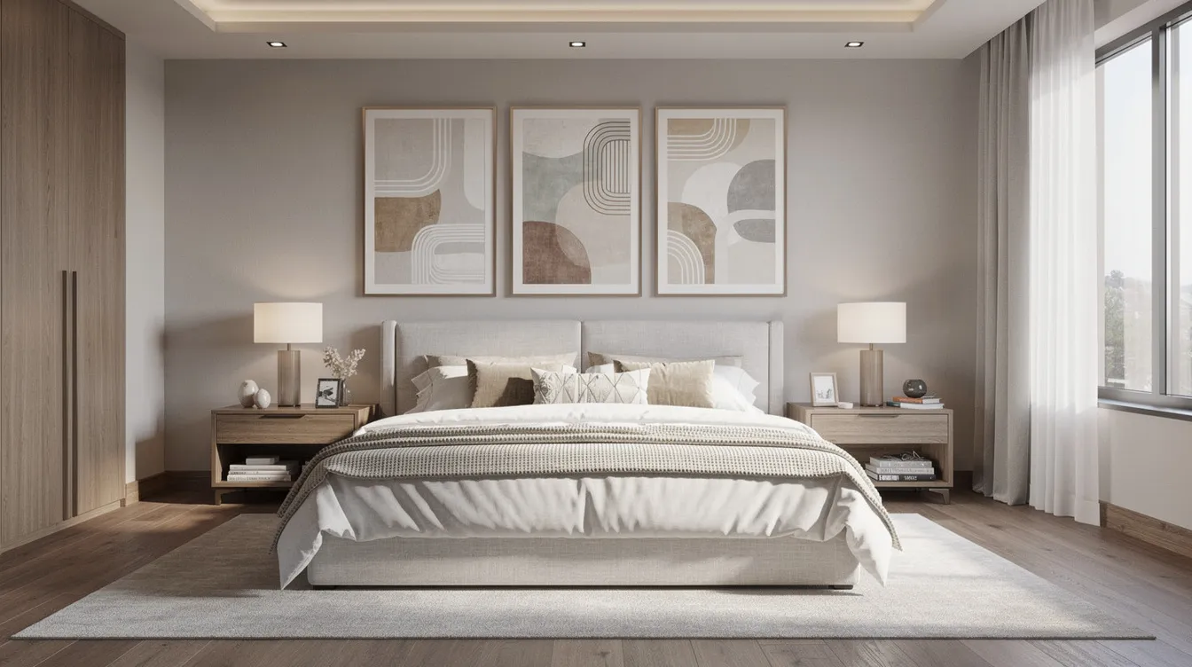 The image depicts a spacious master bedroom featuring a luxurious King bed with a stylish upholstered bed frame, complemented by matching bedside tables and coordinated wall art, creating a harmonious bedroom decor. This inviting space exemplifies modern design and offers a perfect setting for restful sleep.