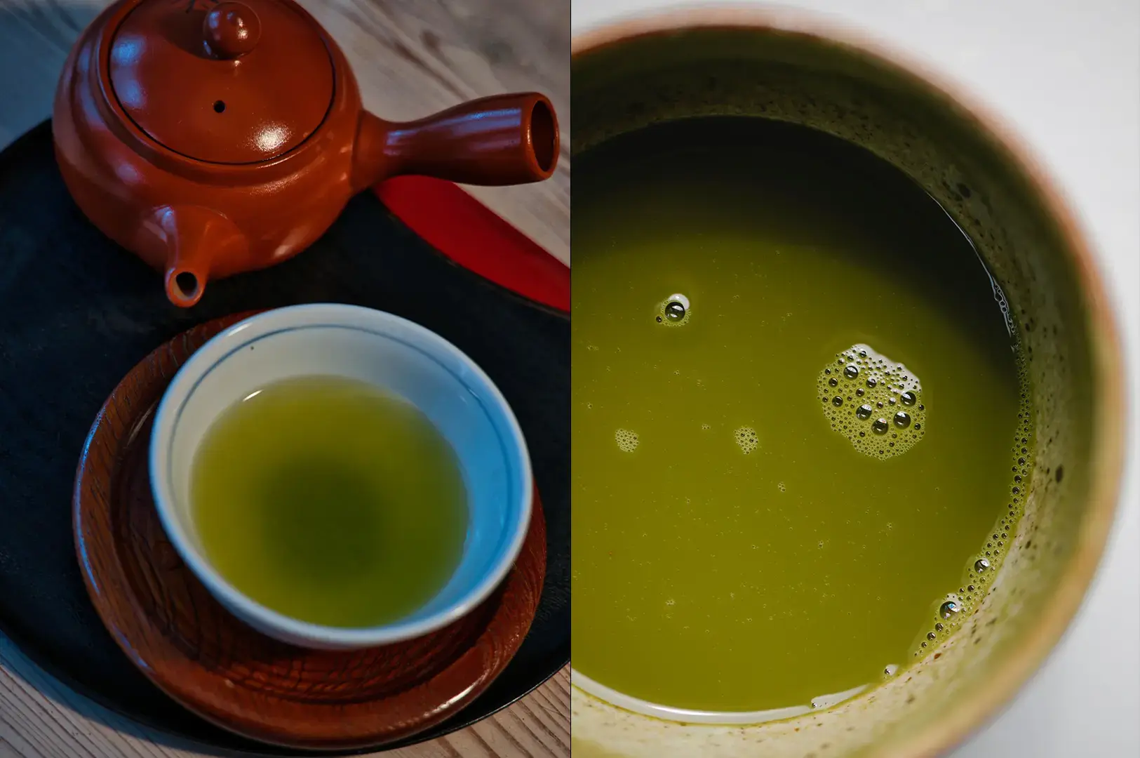 Shows a split-screen view: the left side highlights a traditional red clay teapot sitting on a dark tray next to a small cup of clear, light green tea, while the right side captures a close-up, top-down view of a bowl filled with an opaque, frothy, vibrant green tea drink with visible bubbles on the surface.