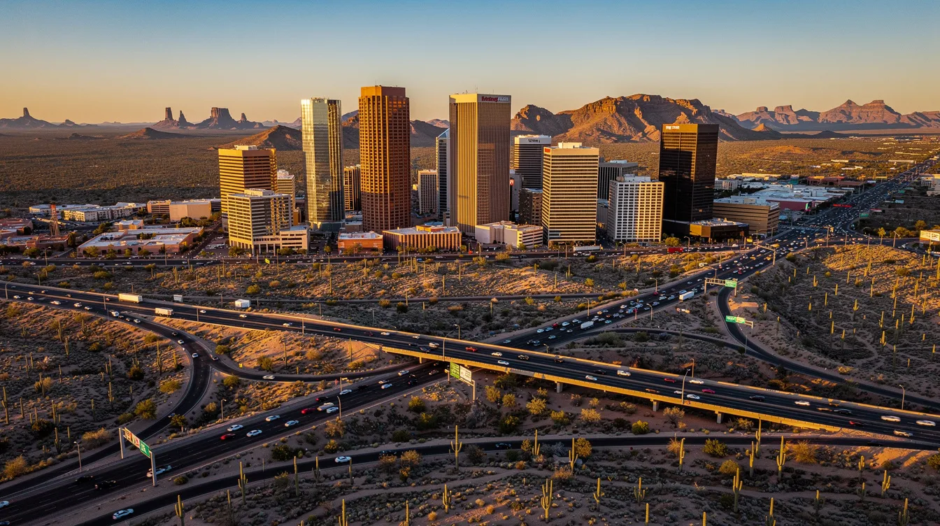 The image depicts the Phoenix, Arizona skyline, showcasing a vibrant cityscape with modern buildings, highways weaving through the scene, and desert mountains in the background. This view highlights the dynamic environment of Phoenix, a hub for auto transport services, where car shipping companies provide reliable vehicle transport options.