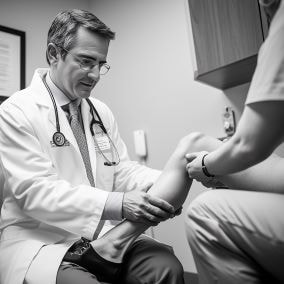 woman with a work-related knee injury visiting an orthopedic doctor