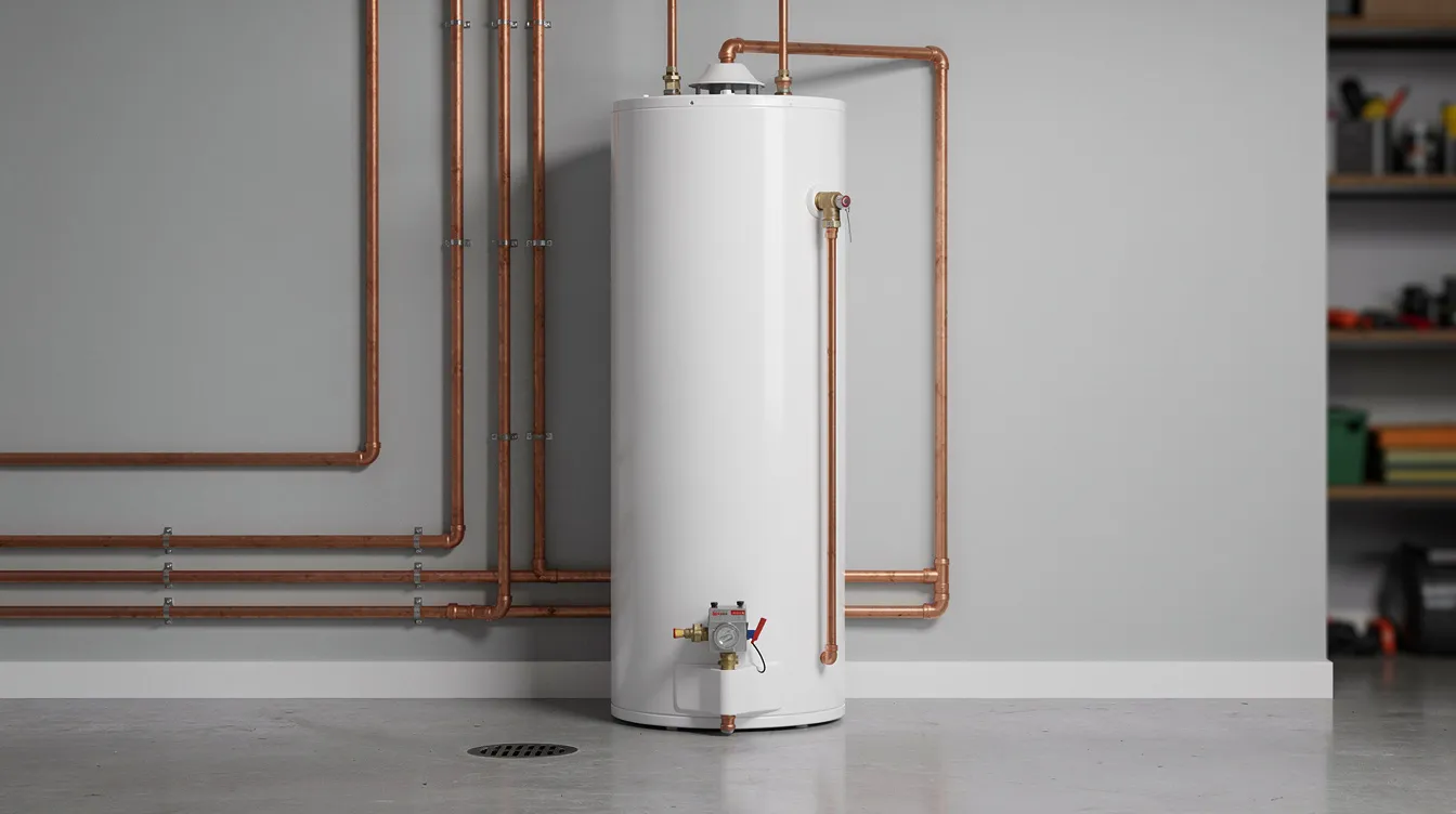 The image depicts a residential water heater tank installed in a clean utility room, featuring visible copper pipes and a pressure relief valve. This setup is essential for maintaining hot water supply and may require professional plumbing service for issues such as water heater leaks or emergency plumbing services.