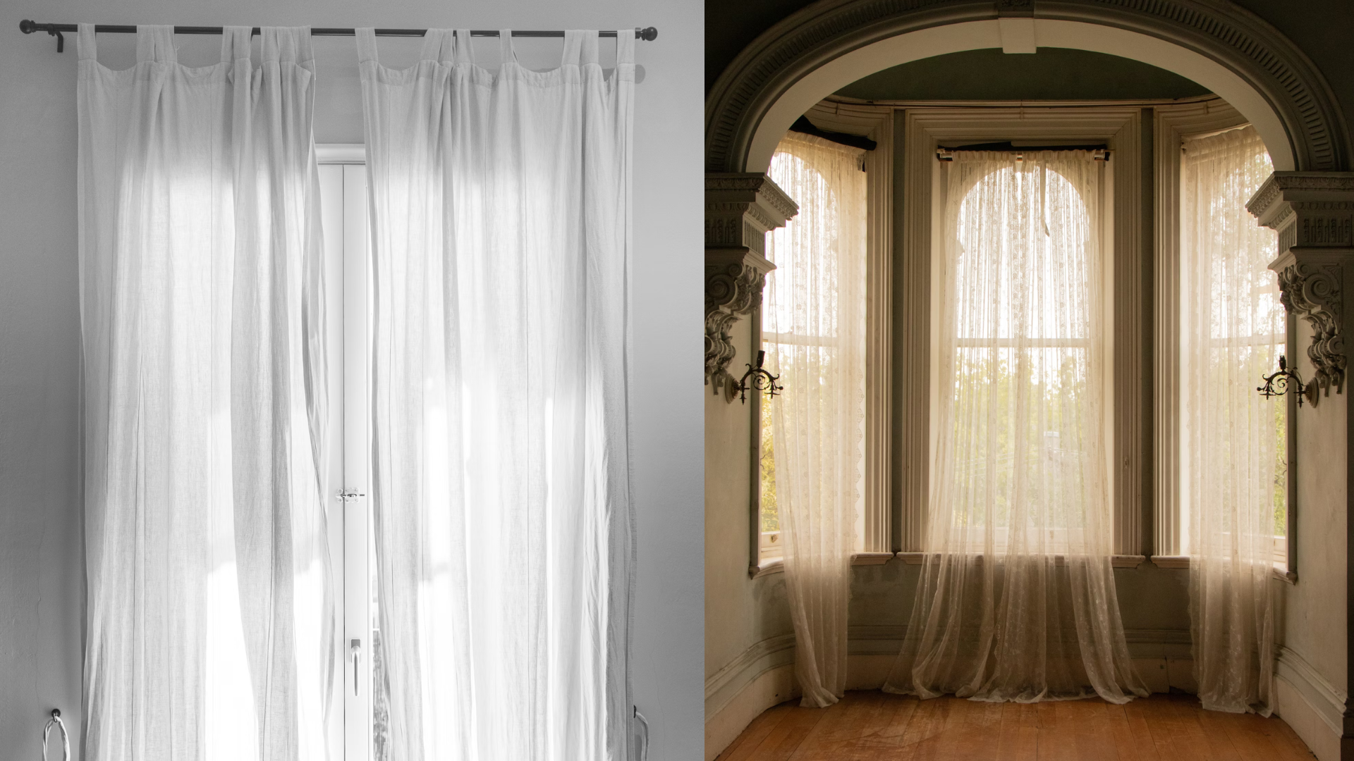 Two examples of light, long floaty curtains on poles