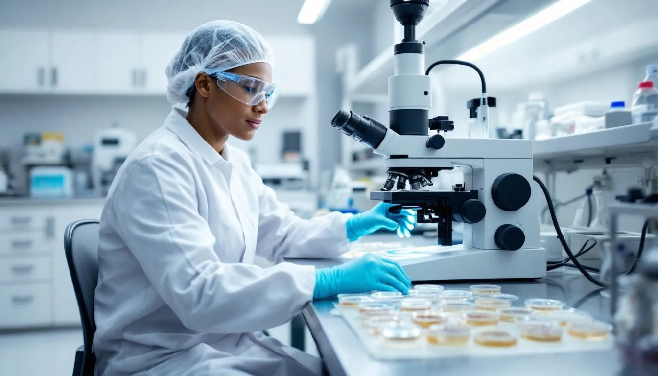 A laboratory technician is intently examining bacterial cultures under a microscope, focusing on the details that could reveal information about infectious diseases. This research is crucial for health authorities and the World Health Organization in their efforts to respond to current outbreaks and improve disease prevention strategies.