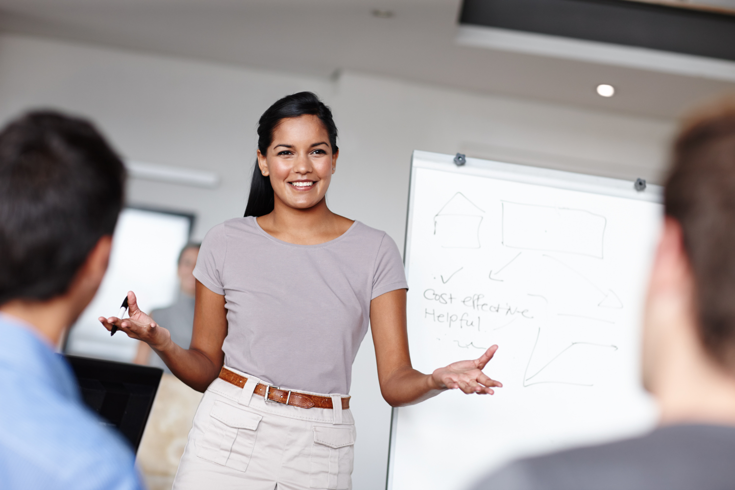 A supplier presenting a chart explaining minimum order quantities to a small business owner.