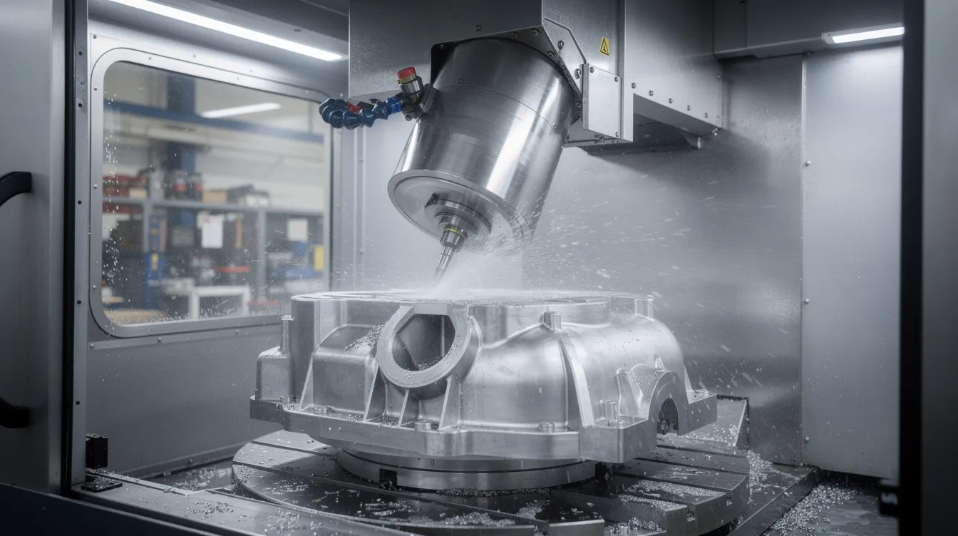 The image depicts a five-axis CNC machining center equipped with a tilting head, actively cutting a complex titanium aerospace component. This precision CNC machining process highlights the machine's capability to produce intricate geometries essential for aerospace applications.