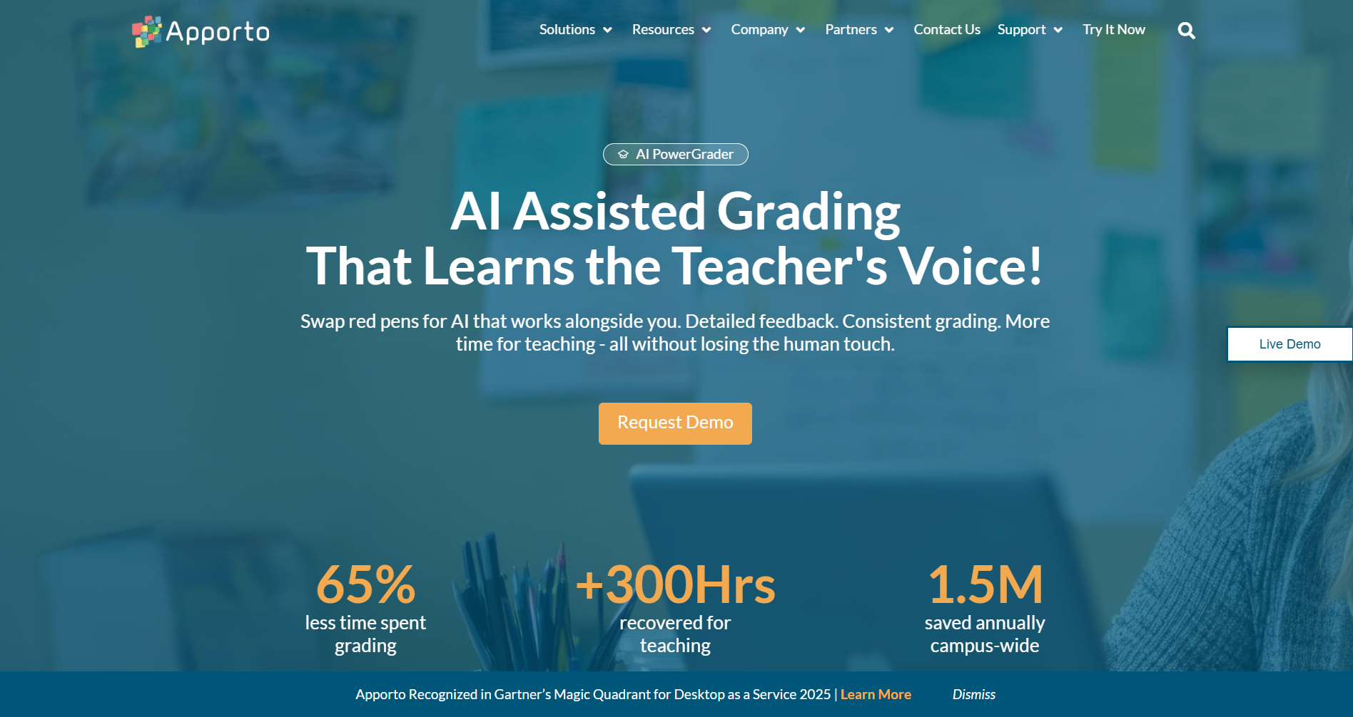 Apporto's PowerGrader page featuring AI-assisted grading with demo call-to-action and time-saving statistics.