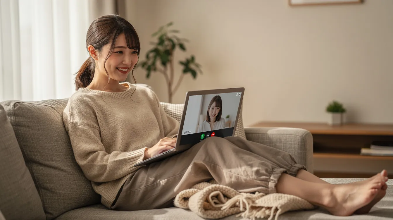 自宅のソファに座り、ノートパソコンを使ってリラックスしながらビデオ通話をしている30代の女性の姿が描かれています。彼女はオンラインカウンセリングを受けているようで、カウンセリングのメリットを享受している様子が伝わってきます。