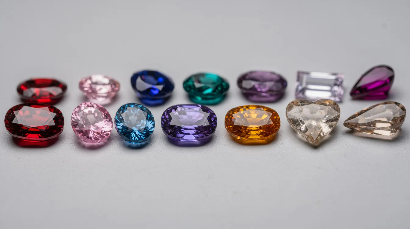An array of colorful polished spinel gemstones is displayed, showcasing a variety of shapes and vibrant hues, including deep red and bright grass green. These captivating gemstones, known as the spinel birthstone, are often associated with emotional balance and are a meaningful choice for those born in August.
