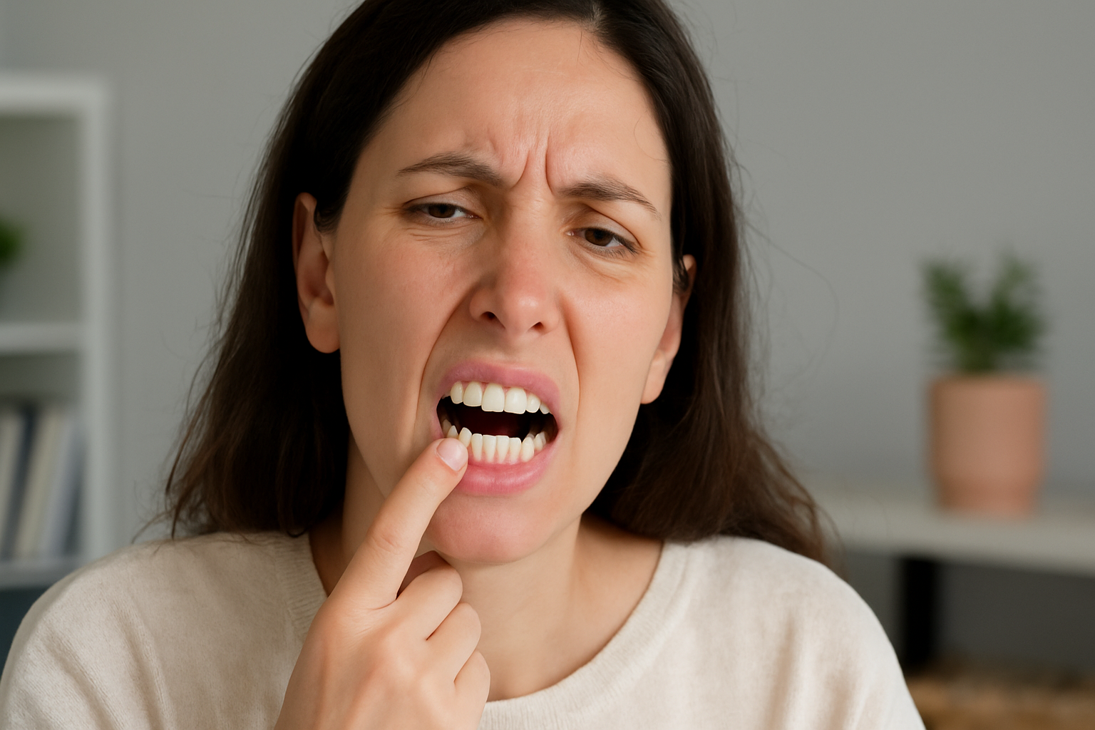 Kvinne peker på en tann med smerte, i et lyst rom.