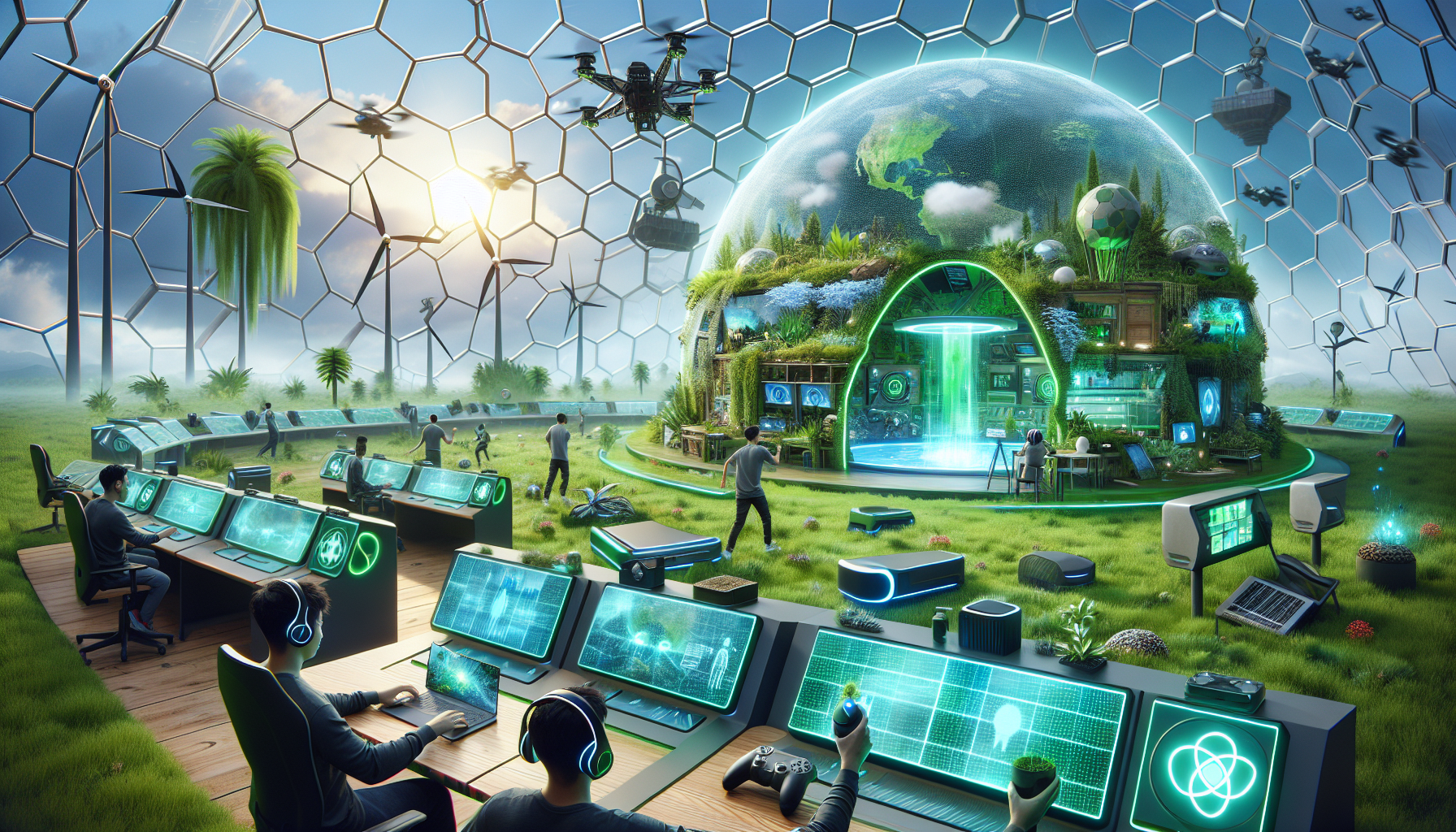 Valve's commitment to green technology and sustainability demonstrated in a futuristic gaming environment