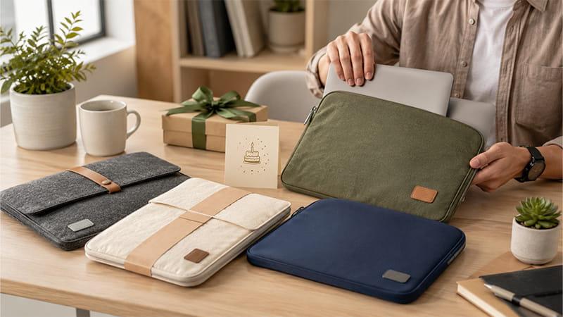 Laptop sleeve birthday gift options in felt, fabric, and padded materials with subtle branding and compact packaging