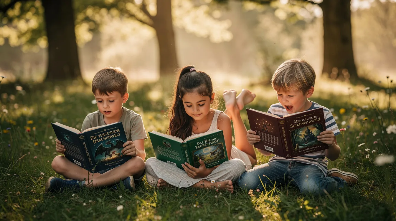 Drei Kinder sitzen auf einer grünen Wiese, umgeben von schattenspendenden Bäumen, und lesen begeistert in dicken Fantasy-Büchern, während Sonnenstrahlen durch die Baumkronen auf sie herabfallen. Ihre Gesichter strahlen Freude und Abenteuerlust aus, als sie in die faszinierende Welt der Harry Potter Bücher eintauchen.