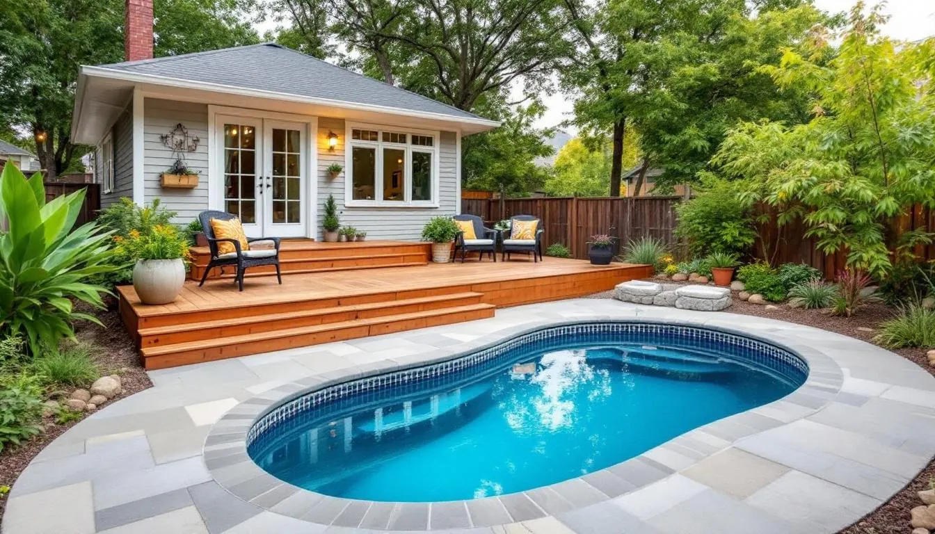 The image depicts a charming patio area surrounding a pool at a newly remodeled home, showcasing a bright and spacious layout perfect for ultimate indoor outdoor living. This stunning single-family home in Naples Manor features modern tile flooring and a well-appointed kitchen, making it an inviting space for casual meals and entertaining.