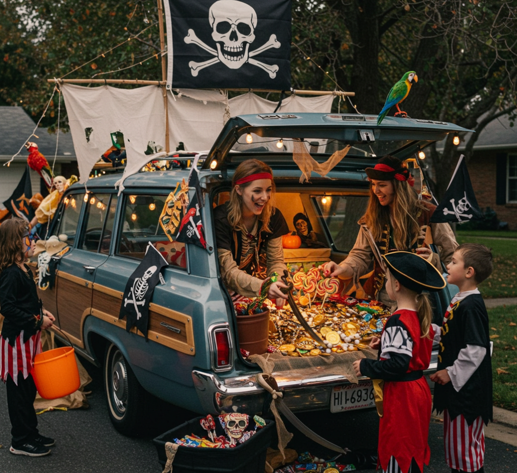 kids at pirate themed trunk or treat, offer yummy candy and make the car look like a ship
