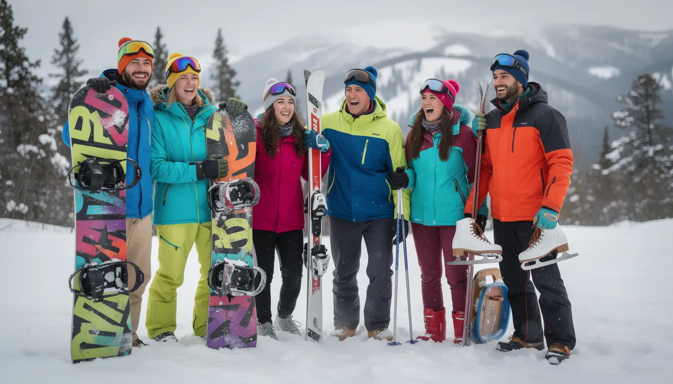 Eine Gruppe von Freunden steht im Freien, umgeben von schneebedeckten Bergen, und hält ihre Wintersportausrüstung wie Skier und Snowboards in den Händen. Sie scheinen bereit für einen Tag voller Spaß im Schnee und nutzen möglicherweise den Skiverleih Stuttgart für ihre Ausrüstung.