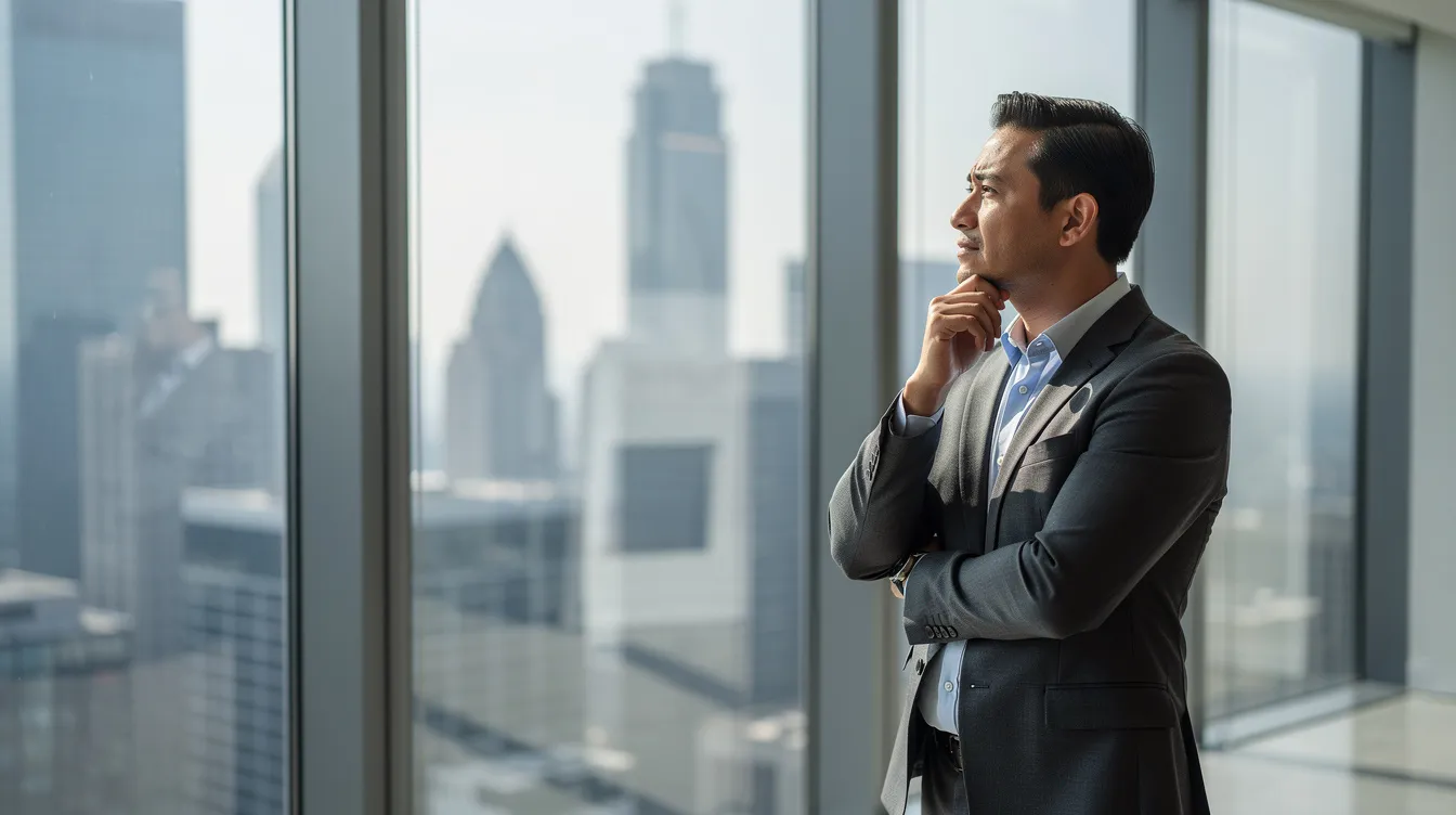 A professional individual stands pensively by a window, gazing out at a city skyline, reflecting on the complexities of life, possibly including the challenges of substance use disorders and mental health. The contemplative mood suggests an awareness of the risks associated with polysubstance use and the importance of mental health services.