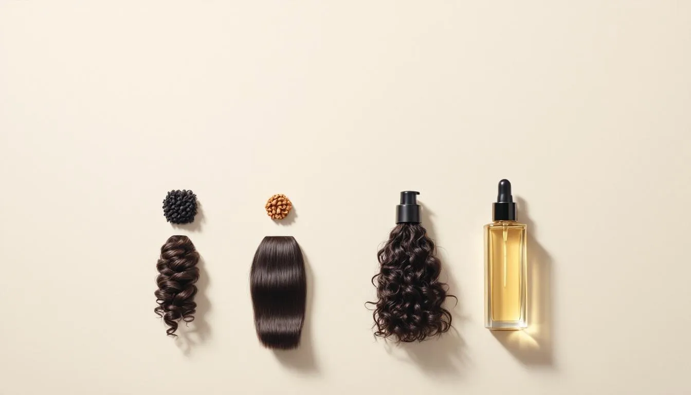 Verschiedene Haartypen und passende Haaröle, die nebeneinander präsentiert werden.