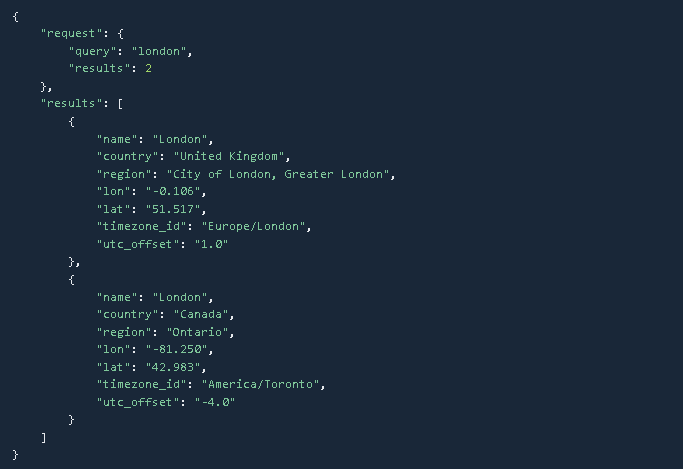 Example weatherstack API response for location autocomplete endpoint