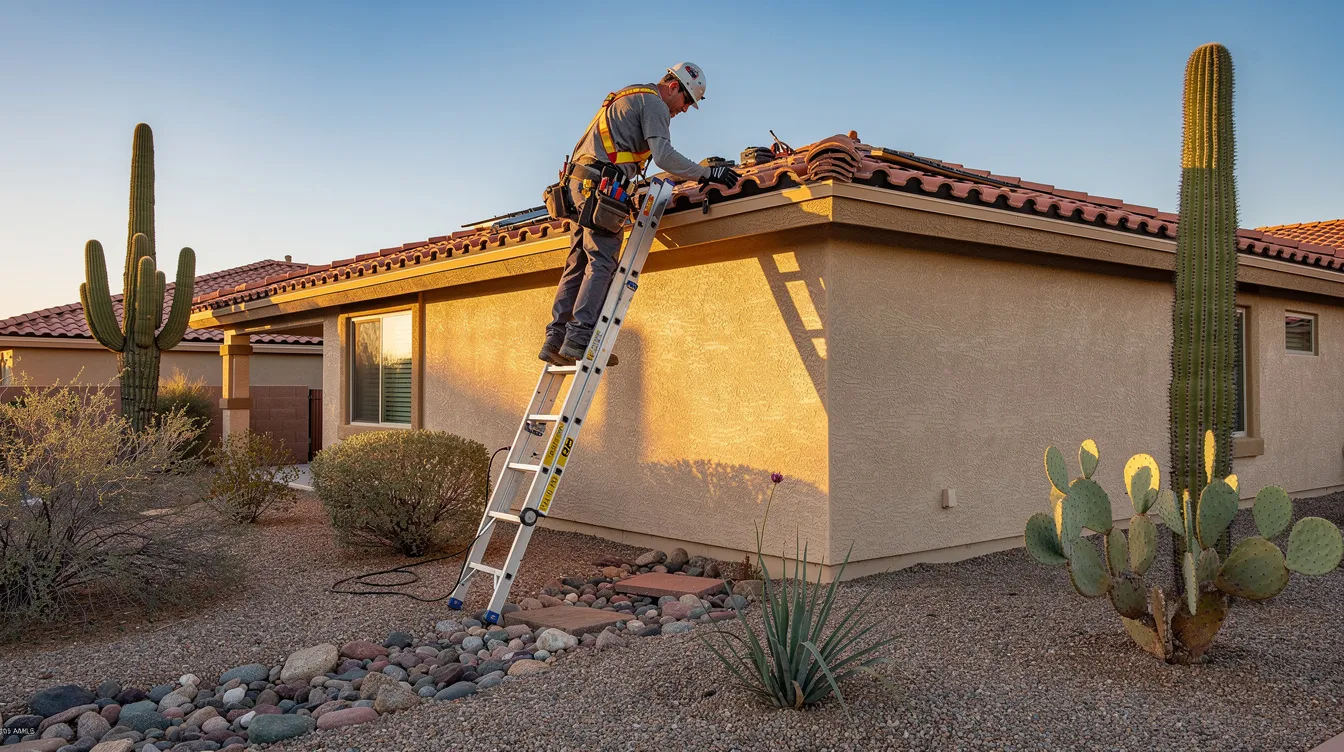 A Phoenix roofing contractor is seen on a ladder inspecting a tile roof on a single-story home, surrounded by desert landscaping. The roofer is assessing the condition of the concrete tiles, which may involve checking for broken tiles and planning for potential roof underlayment replacement to prevent water damage.