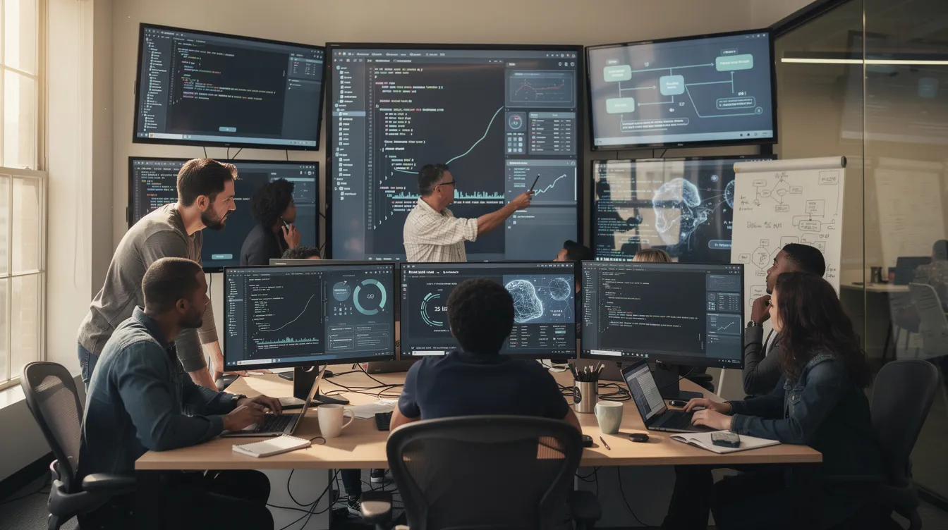 A diverse development team collaborates around multiple screens displaying lines of code and AI interfaces, exemplifying the software development process. The environment reflects teamwork among software engineers and project managers, emphasizing their focus on creating innovative AI solutions and maintaining high code quality.