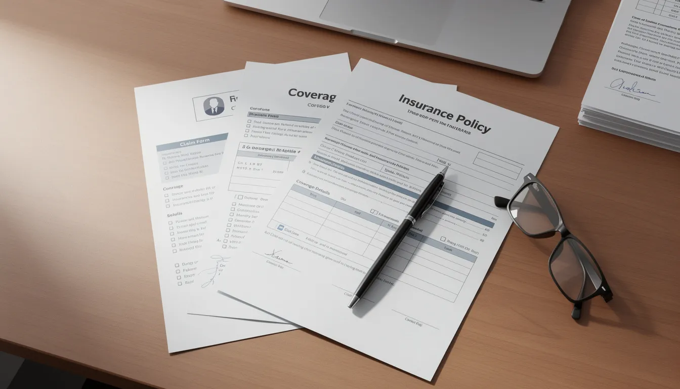 The image shows a collection of insurance documents and policy paperwork neatly arranged on a desk, highlighting various aspects of car insurance, including liability coverage and options for uninsured or underinsured motorist coverage in New Mexico. These documents are essential for understanding insurance policies related to motor vehicle accidents and ensuring adequate protection against damages and medical costs.