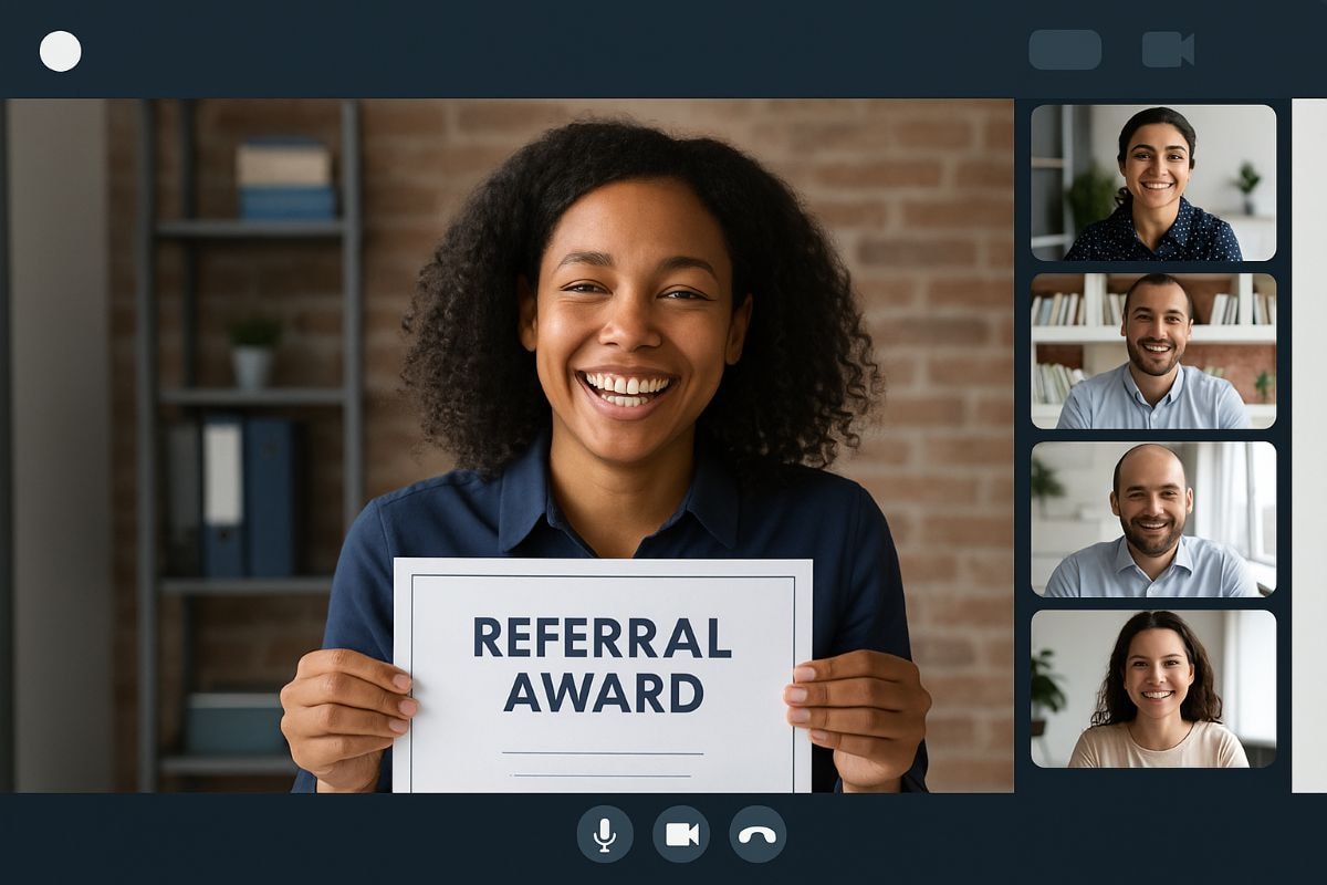 Smiling woman holding a 'Referral Award' certificate during a virtual team meeting. She is centered on the video call screen, while four colleagues appear in smaller video frames on the right, smiling and engaged. The background features a home office with a brick wall and bookshelf. The interface is clean and modern, reflecting a positive, recognition-focused workplace culture.
