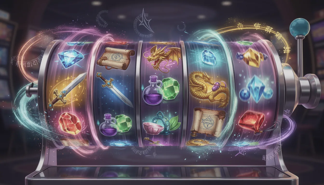 En färgglad spelautomat med snurrande hjul prydda av fantasifulla symboler och magiska effekter. Denna bild fångar känslan av spänning och underhållning som finns i casinospel.