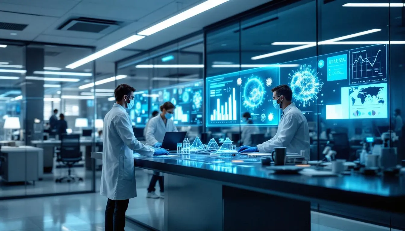 In a modern laboratory, scientists are engaged in research using advanced disease monitoring equipment to study infectious diseases. The scene highlights their efforts in disease control and the prevention of infections spread, showcasing the importance of understanding pathogens and their transmission.